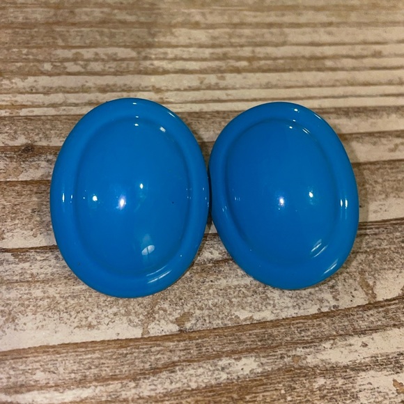 Vintage Blue Enamel Oval Statement Stud Dangle Drop Earrings - Picture 1 of 2